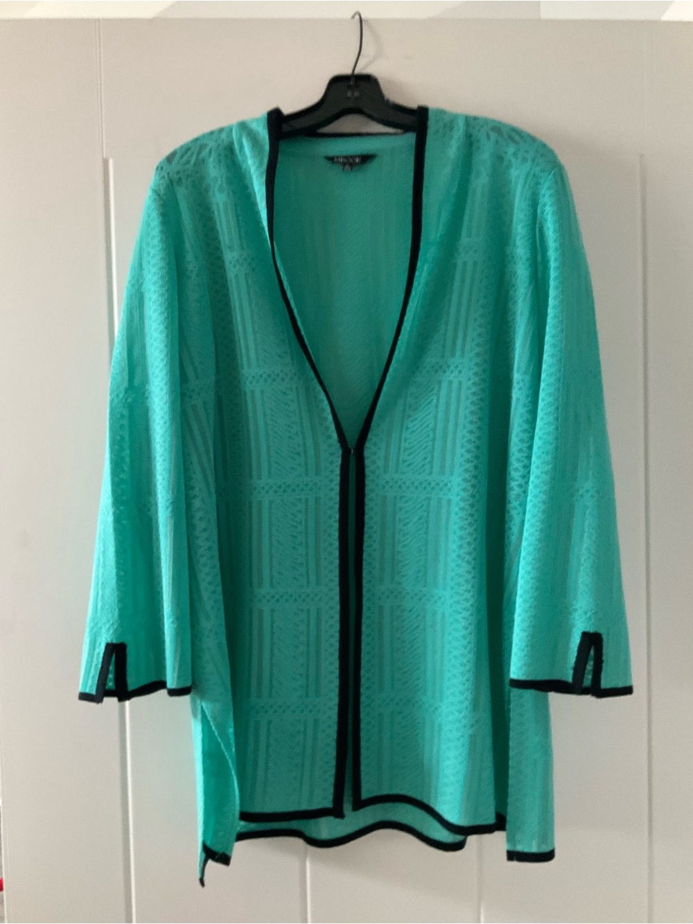 Misook Light Teal Open Knit Cardigan with Black Trim